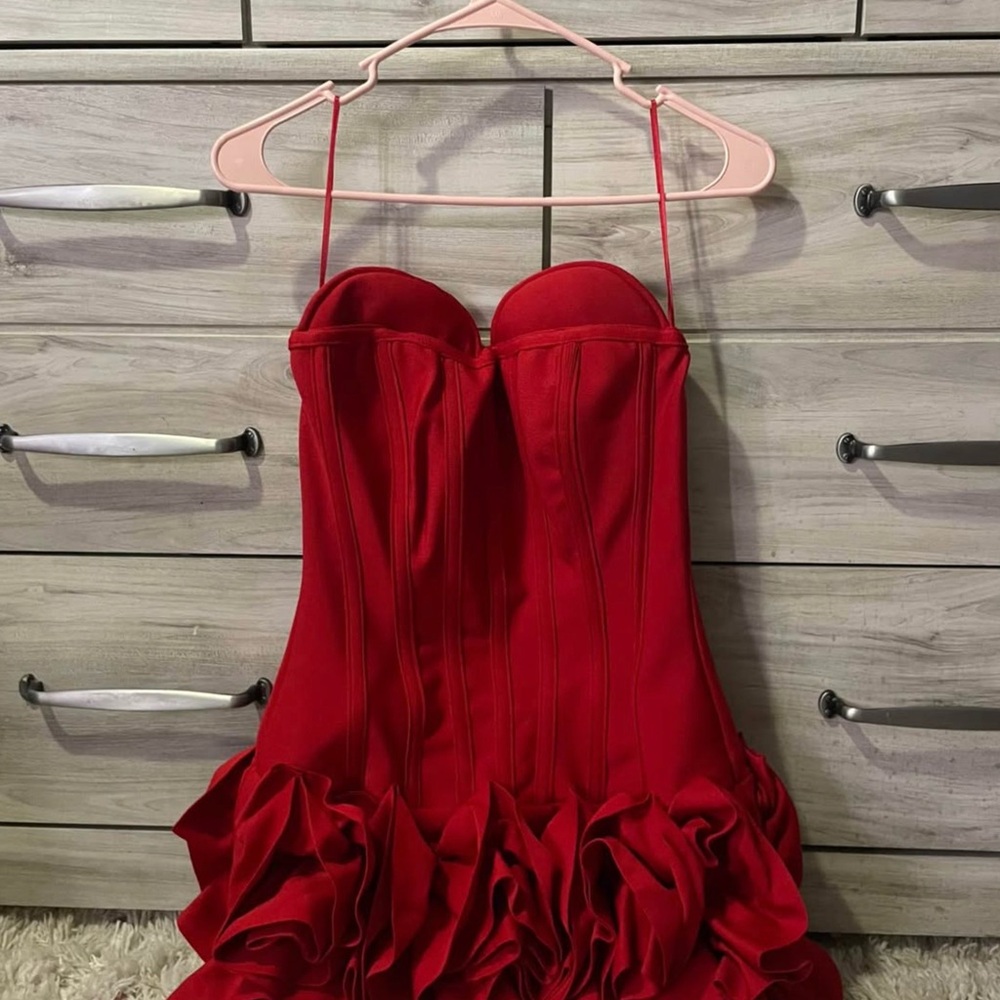 NWT Fashion Nova Red Strapless Ruffle Hem Evening Dress